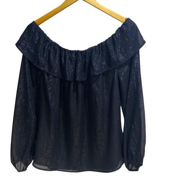 White House Black Market Womens Metallic Shimmer Off Shoulder Ruffle Blouse M - Picture 4 of 10